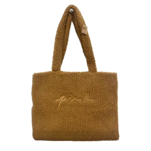 PINK Victoria’s Secret Sherpa Tote Bag New With Tags Plush, Brown, Purse, Laptop - Picture 2 of 8